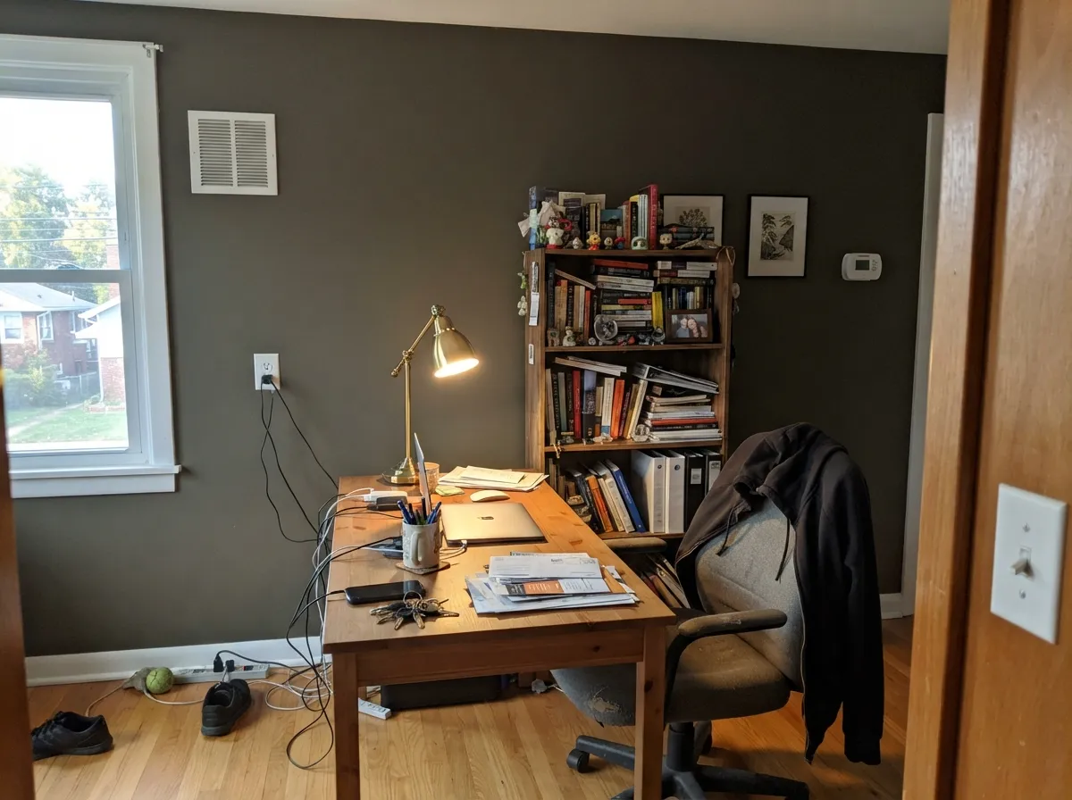 One wall of Cast Iron in real daylight reads rich charcoal, not black — the depth that makes a small office feel deliberate.