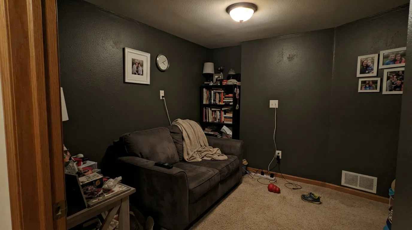 The honest shot: no window, no lamp — Cast Iron goes flat and muddy instead of rich. This color has to earn its depth with real light.