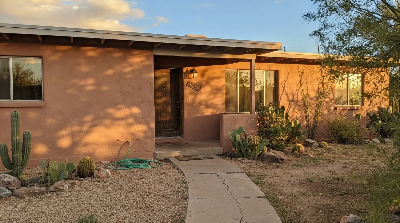 Cavern Clay stucco in the golden-hour sun it was built for — warm, sun-baked adobe, not paint.