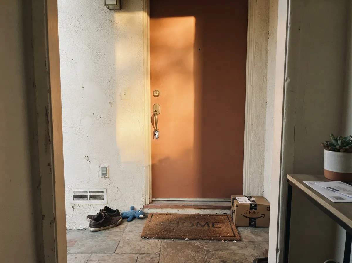 The low-risk way in: one terracotta door against soft white stucco, no whole-house commitment required.