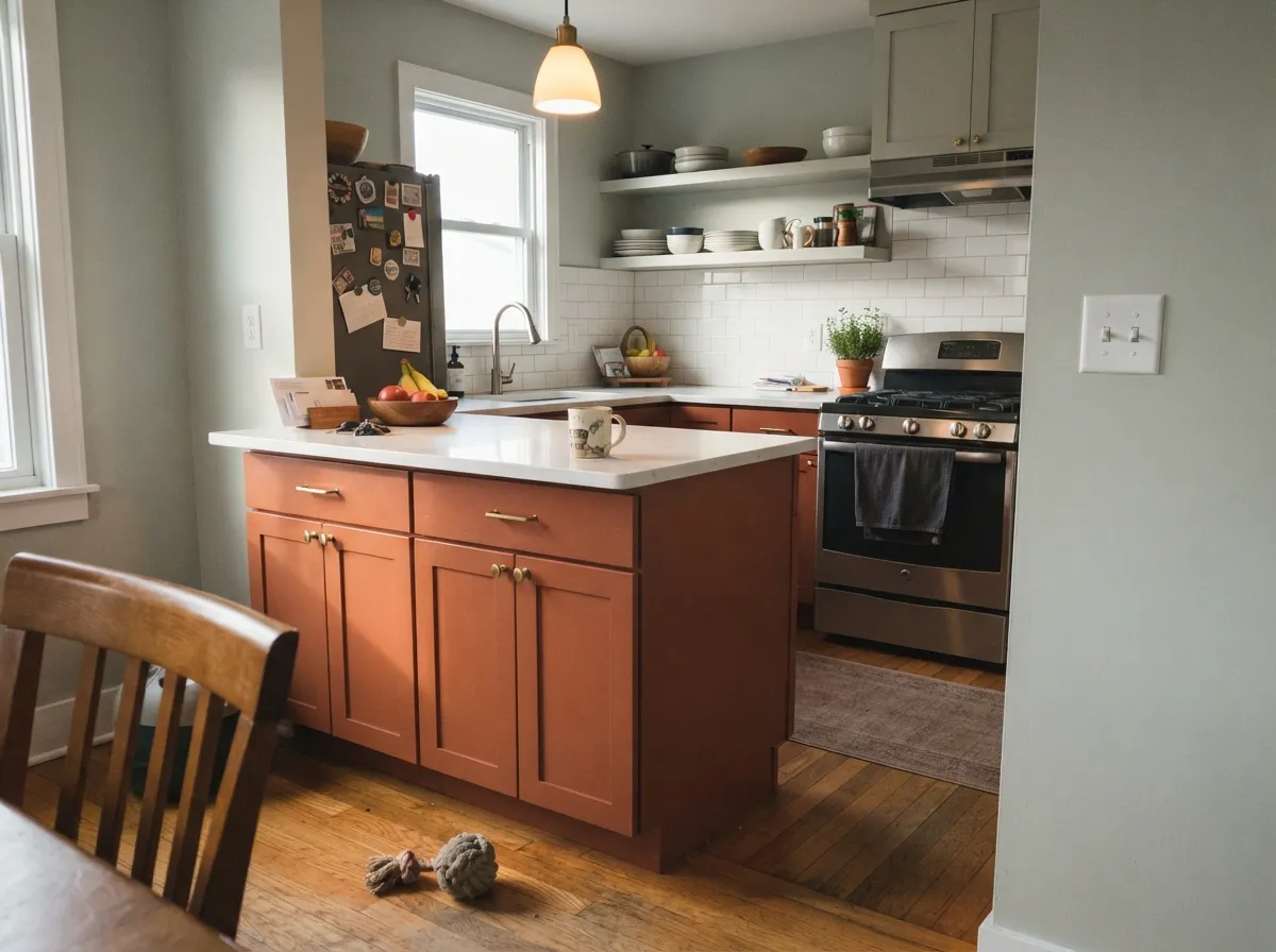 On an island under real daylight, Cavern Clay reads confident and warm — brass pulls and pale walls keep it from taking over the room.