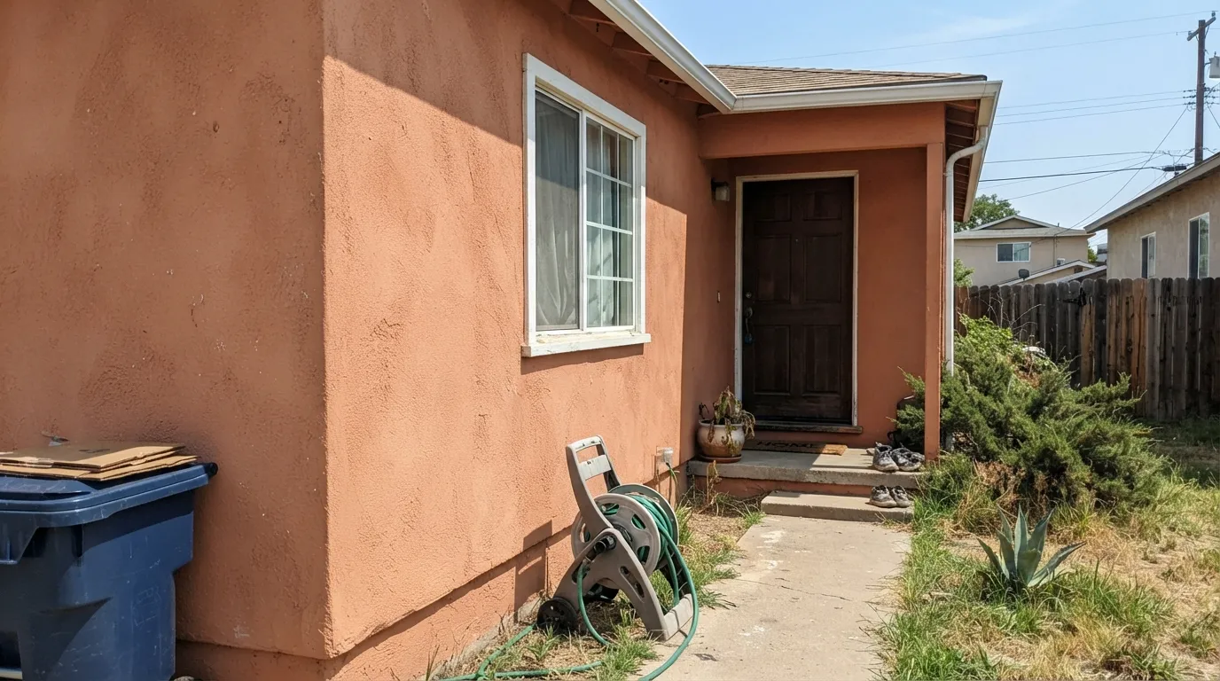 The honest shot: the same stucco at flat midday sun, reading louder and more orange than the sunset photo everyone posts — the complaint behind most "too bright" exterior reviews.