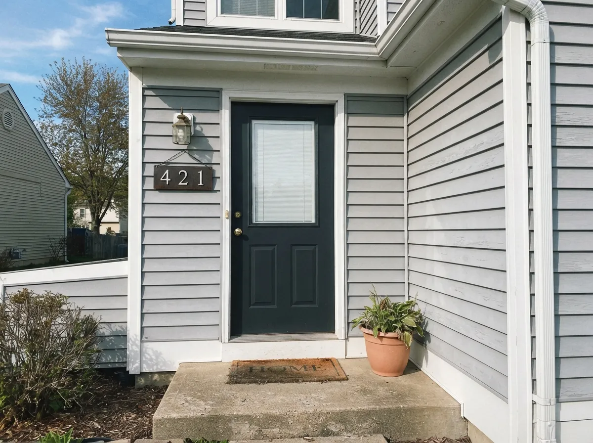 In full outdoor sun it reads as a true, confident black — the modern-exterior door color against soft gray siding and white trim.
