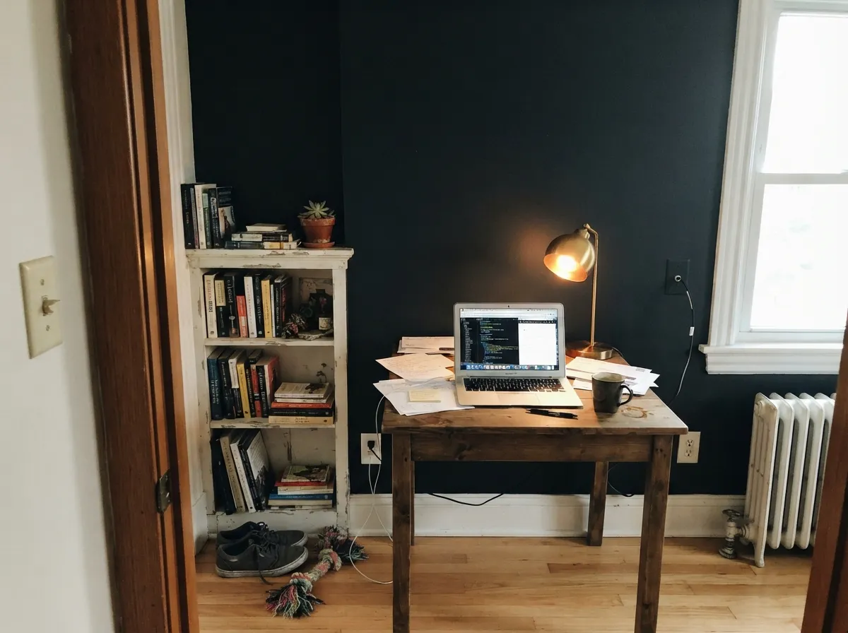With strong daylight and a warm lamp at night, one Caviar wall in a home office reads moody and deliberate, not like a cave.