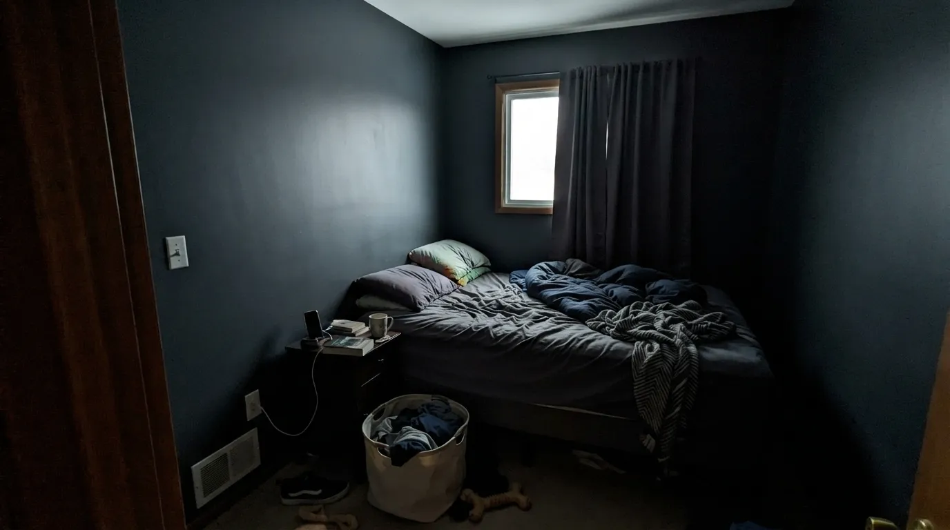 The honest shot: four Caviar walls in an average, light-starved bedroom feel like a cave, not a mood — exactly the complaint behind the LRV-3 warning.