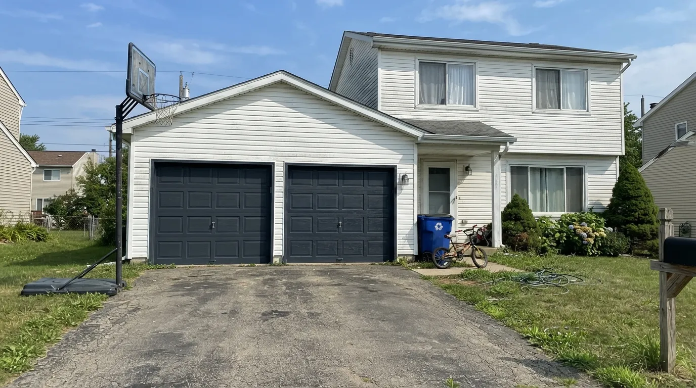 Direct sun is the light this color needs — on a garage door it reads clearly blue against Pure White siding instead of the black it becomes indoors.