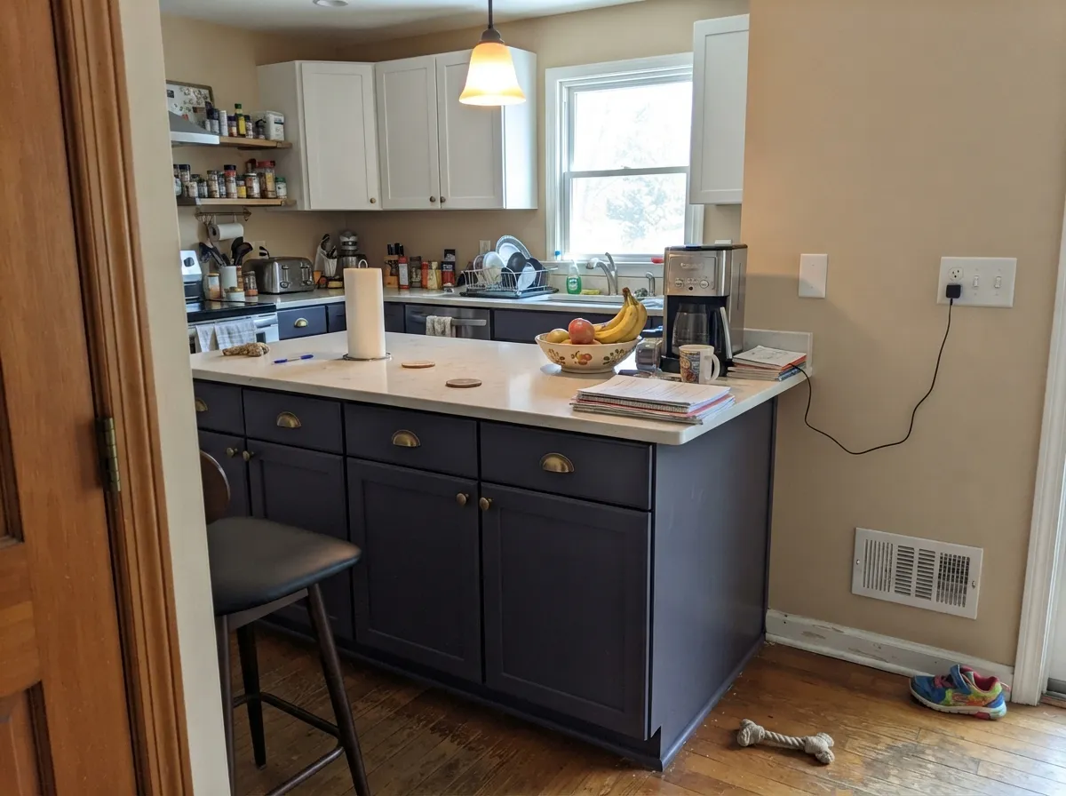 Two-tone is how it works inside — light uppers and warm walls keep the island reading blue instead of going flat black.