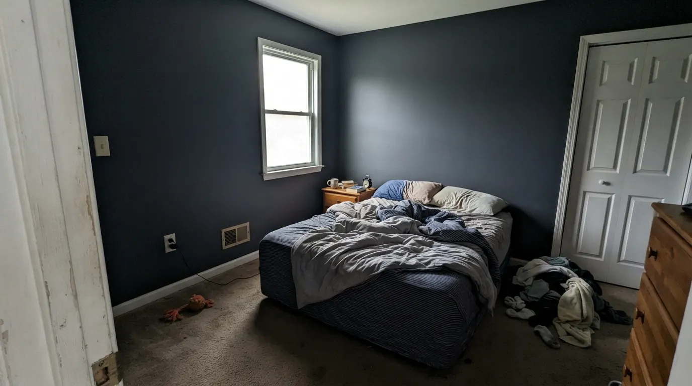 The honest shot: at LRV 6 in weak north light there is no blue left — this is the room people mean when they say it looked navy on the chip and black on the wall.
