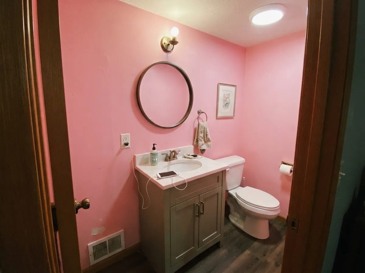 Four walls of Cheery is the right bet in a powder room — small, windowless, and the sage vanity supplies the green contrast the pink needs.