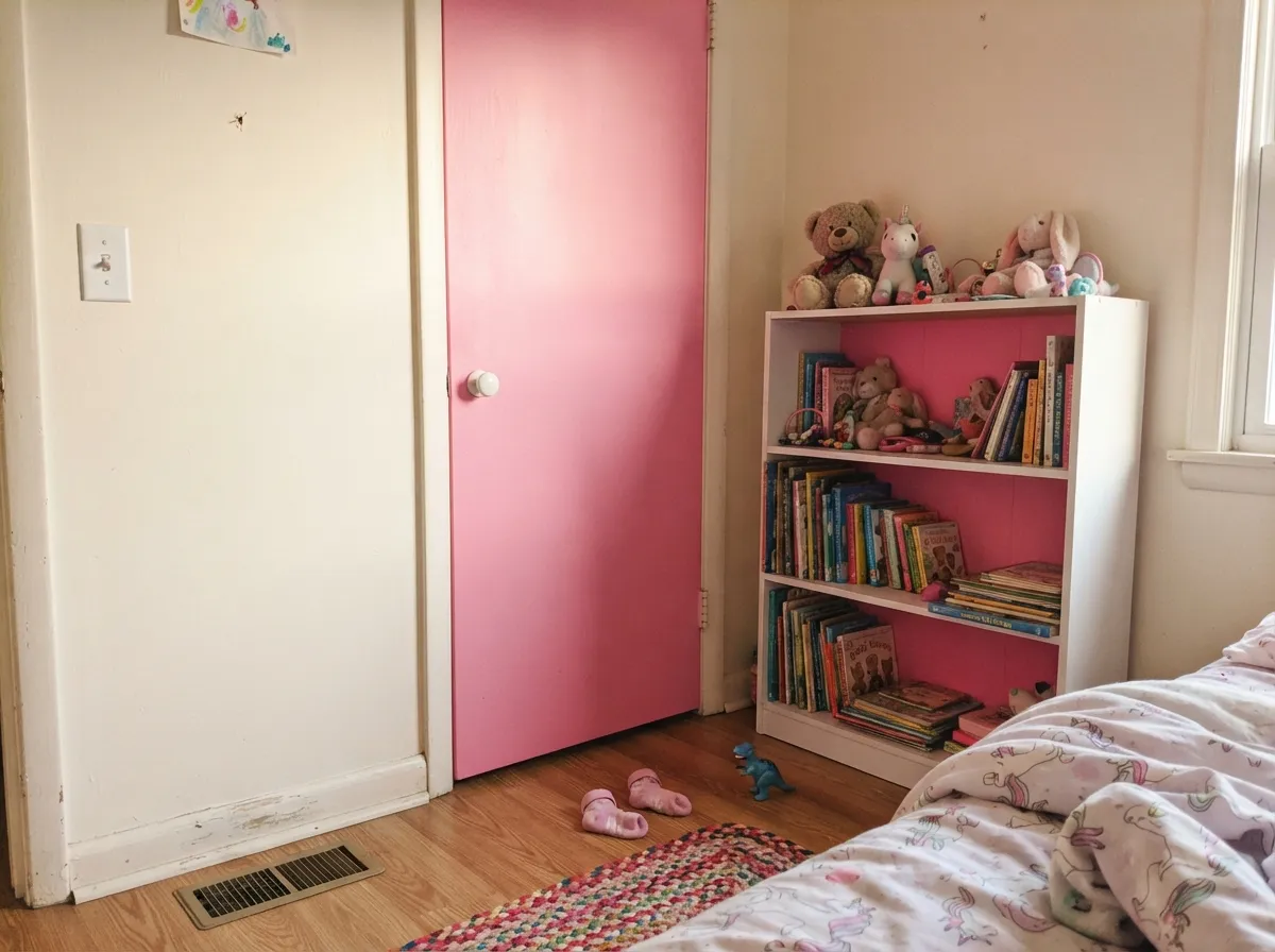 The cheap version of the same idea: pink on the closet door and the bookcase back, white everywhere else — a whole scheme change later costs one quart.