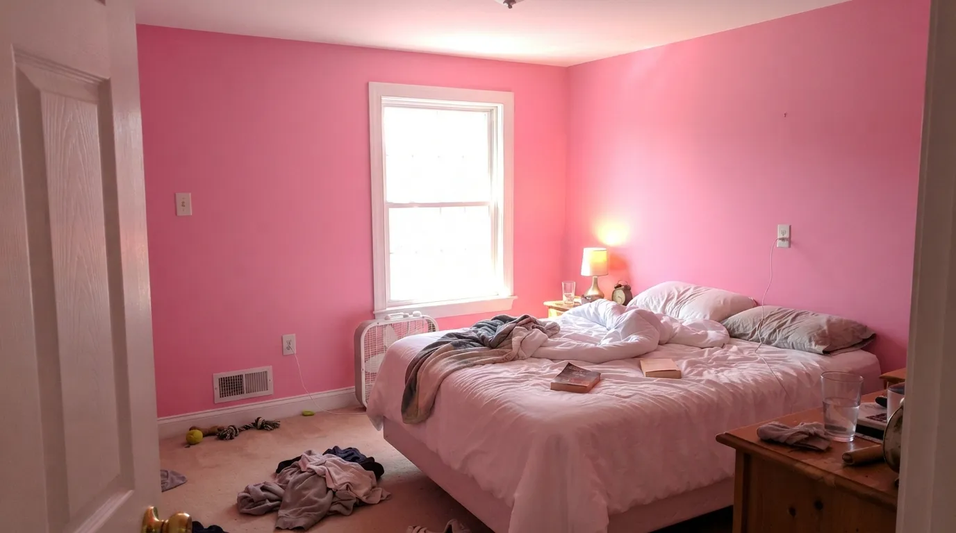 The honest shot: all four walls in a bright sunny room. The pink bounces onto the ceiling, the trim and the bedding — this is the situation behind almost every regret story.