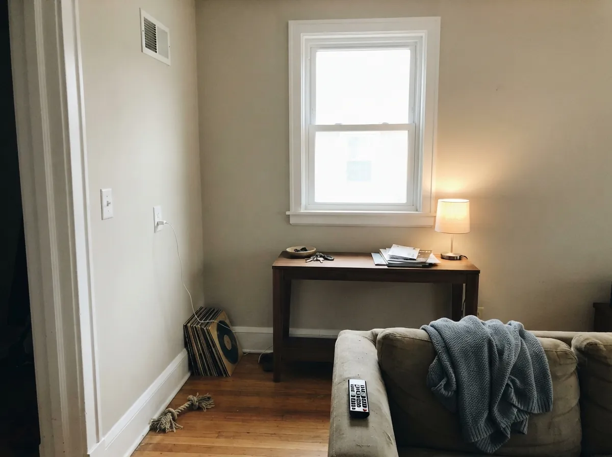City Loft living room walls in soft north daylight with white trim.