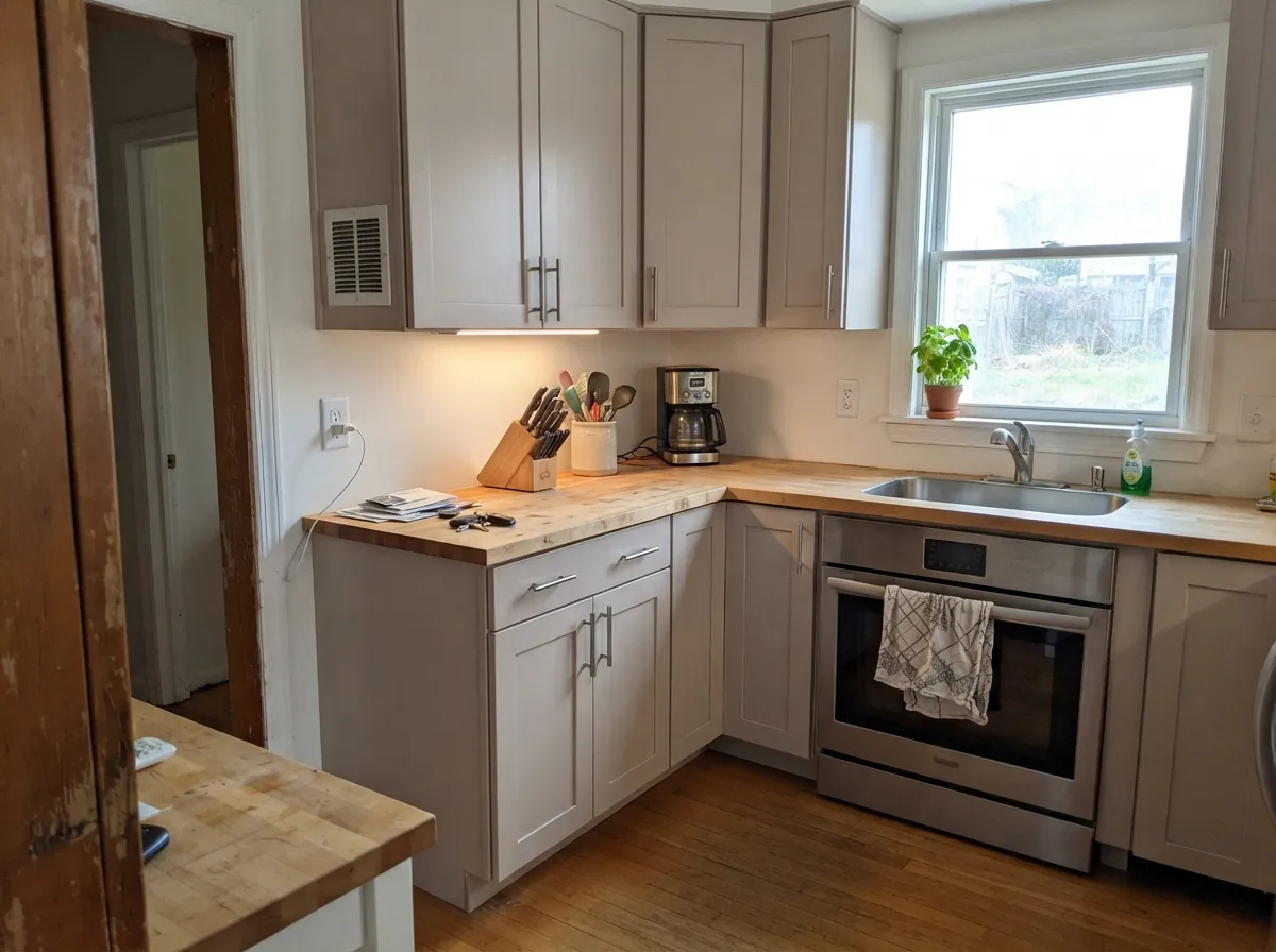 City Loft on shaker kitchen cabinets with butcher block counter.