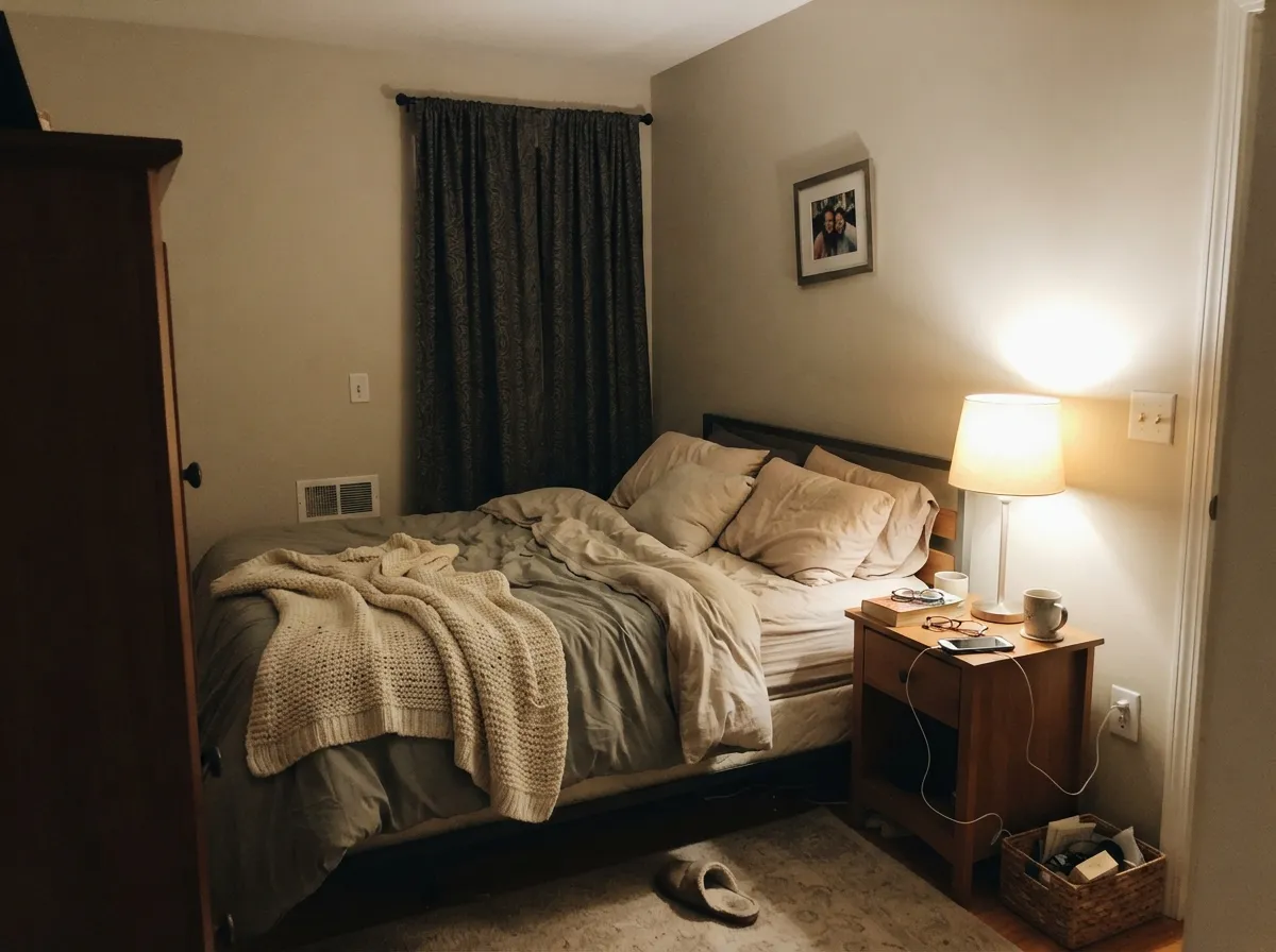 City Loft bedroom walls warming under lamplight at night.