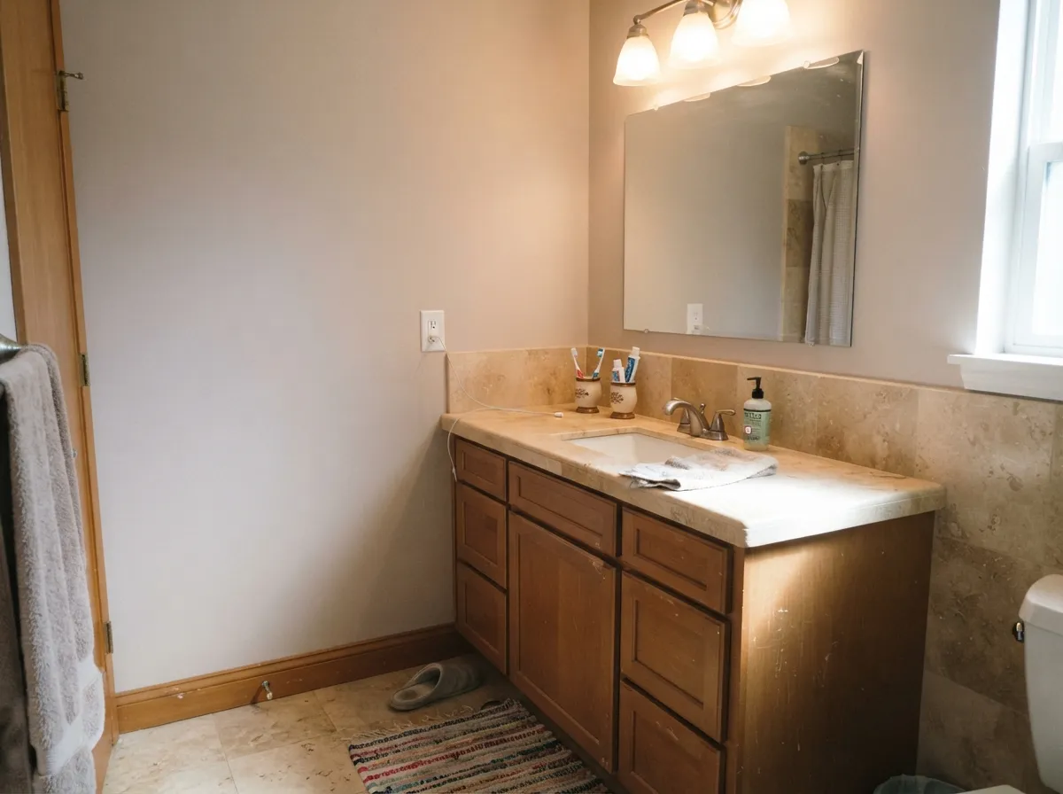 City Loft bathroom walls with travertine tile under vanity lighting.