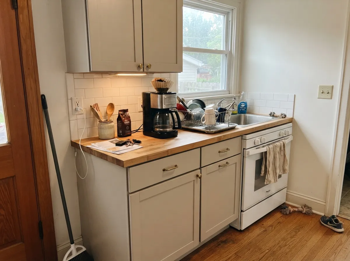 On cabinets in daylight it reads soft warm gray rather than white, which is why it works next to wood and brass.