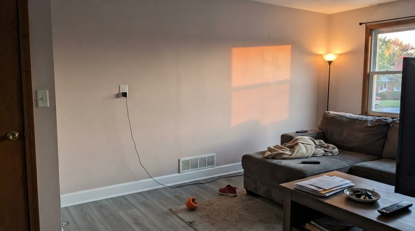 The honest shot: late west sun over a gray floor pulls the red base forward and the wall goes faintly pink, exactly what the bad reviews describe.