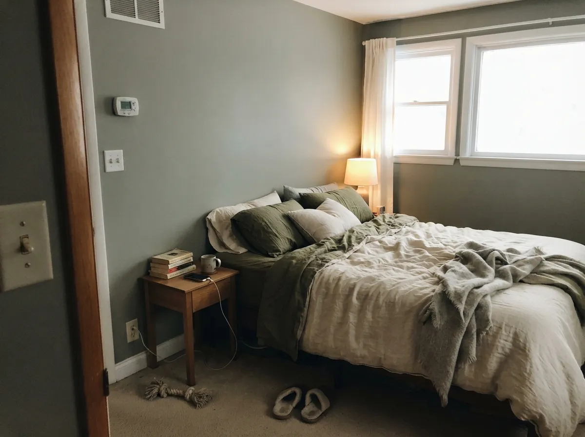 Clary Sage on all four bedroom walls with warm lamp light and white trim.