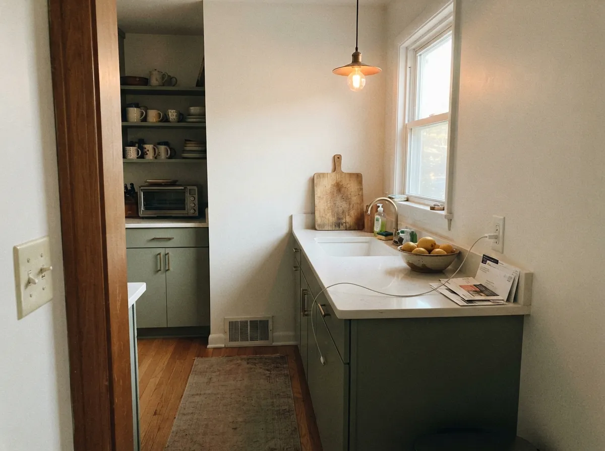 Clary Sage satin kitchen cabinets with brass pulls and warm-toned countertops.