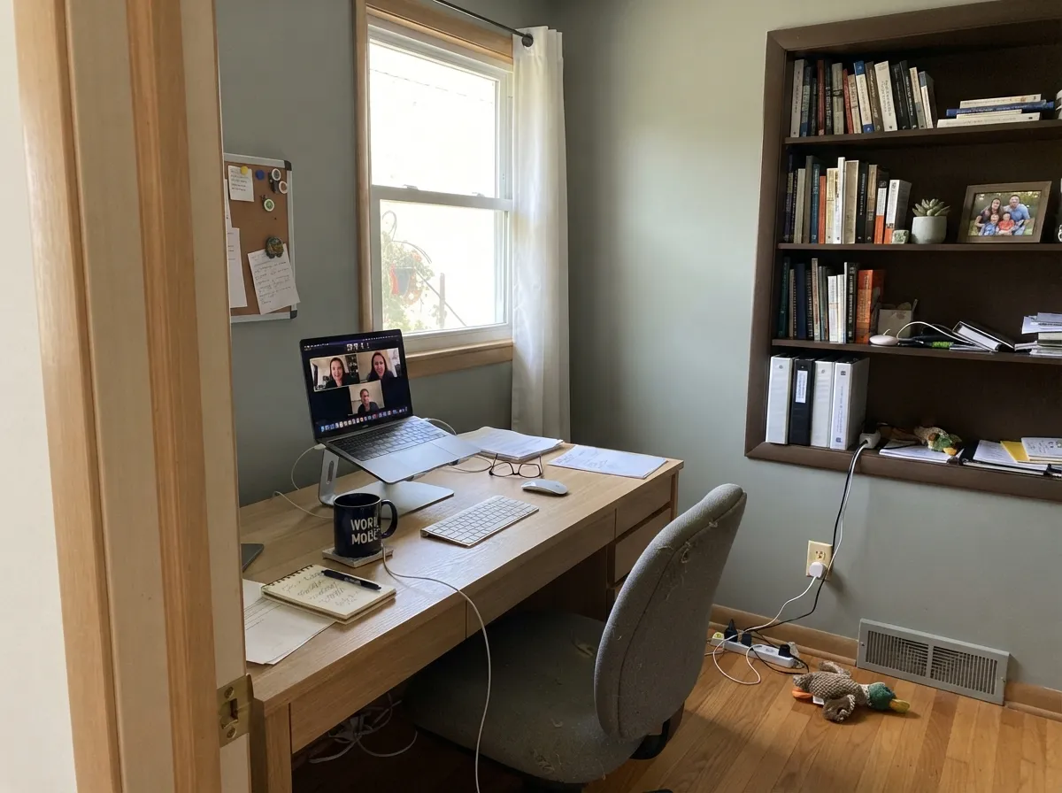Clary Sage home office walls with a white oak desk and dark built-ins.
