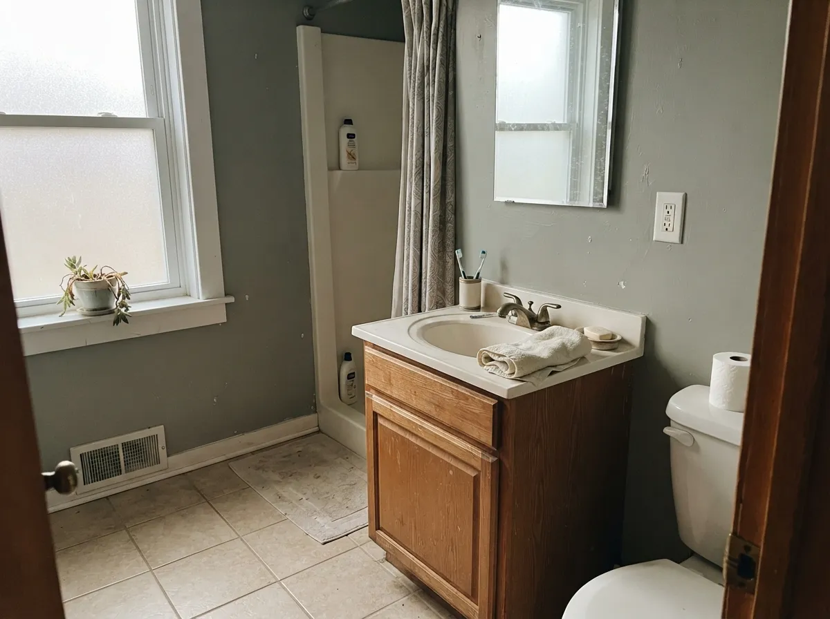 Clary Sage bathroom walls with a wood vanity, white fixtures, and brass faucet.