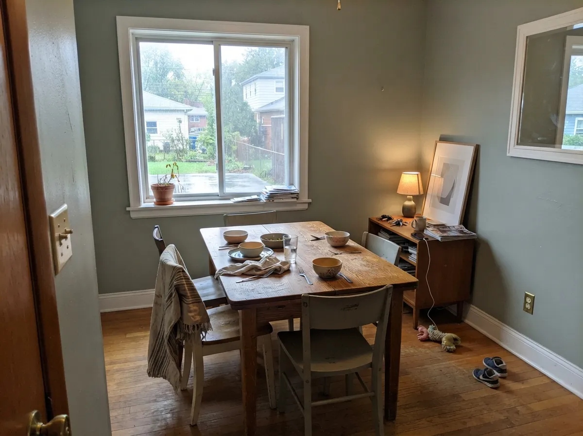 Clary Sage dining room walls in daylight with wood furniture and framed art.