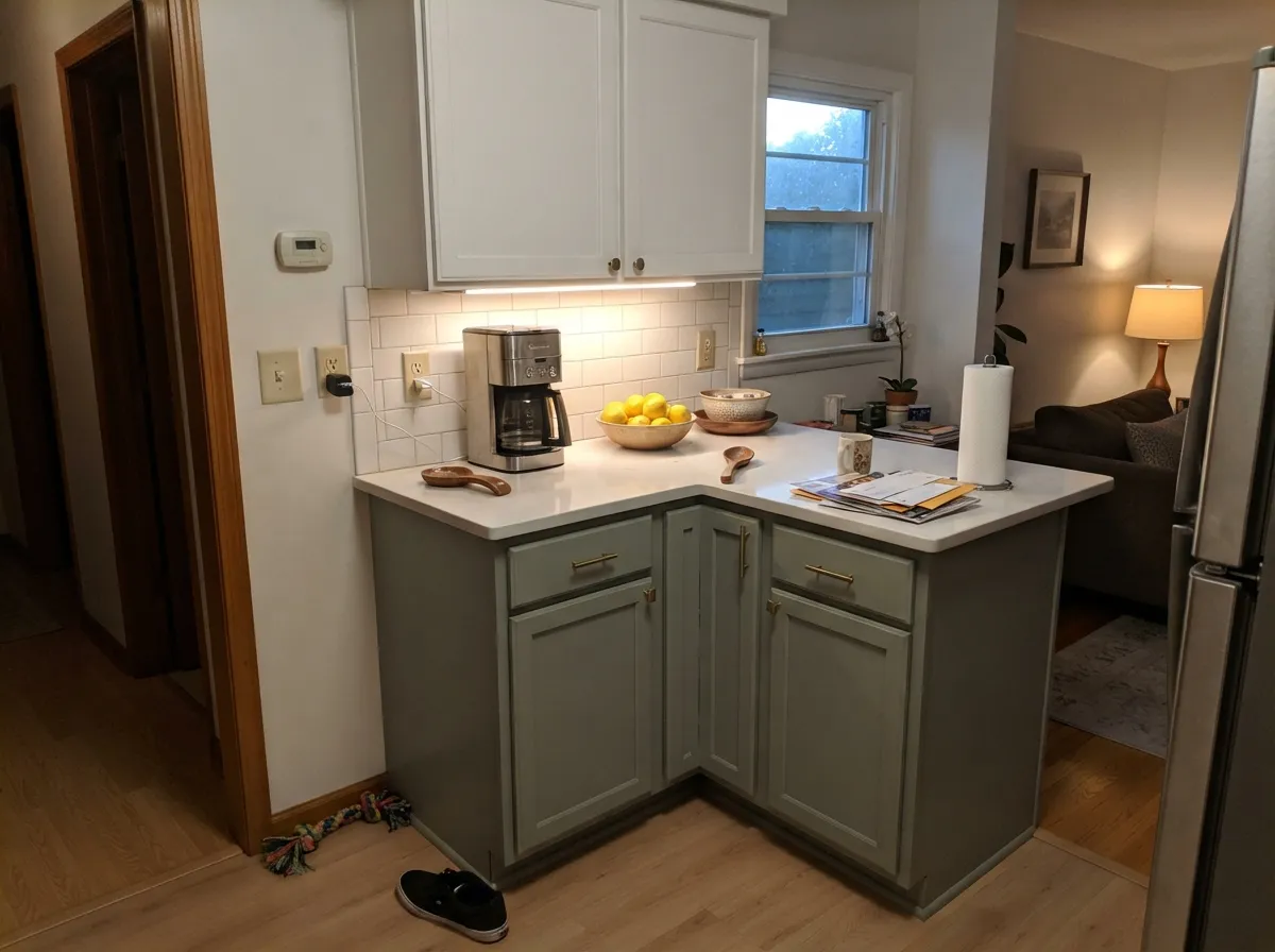 Under warm 2700K bulbs the sage reads green and expensive next to brass — the lighting that makes this cabinet color work.