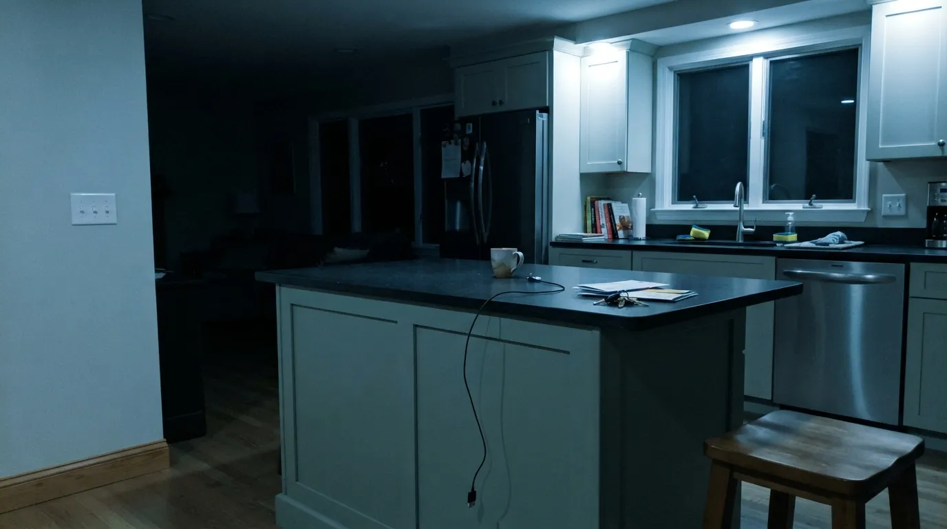 The honest shot: cool LED puck lighting with no daylight backing it up is exactly what turns Coastal Plain cabinets baby blue — the most-repeated surprise about this color.