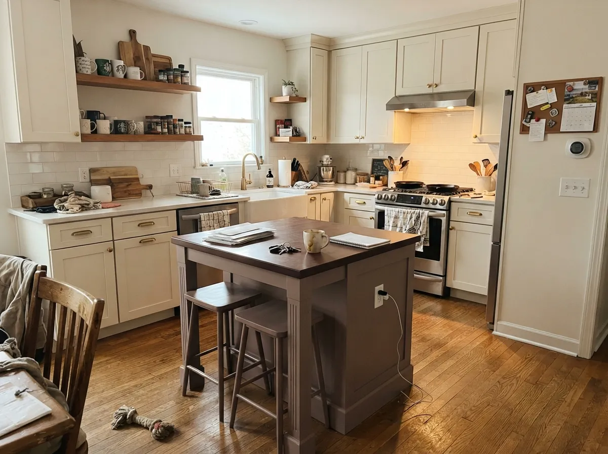 On an island under cream perimeter cabinets and warm wood shelving, it reads custom and deliberate — one warm anchor color in a mostly neutral kitchen.