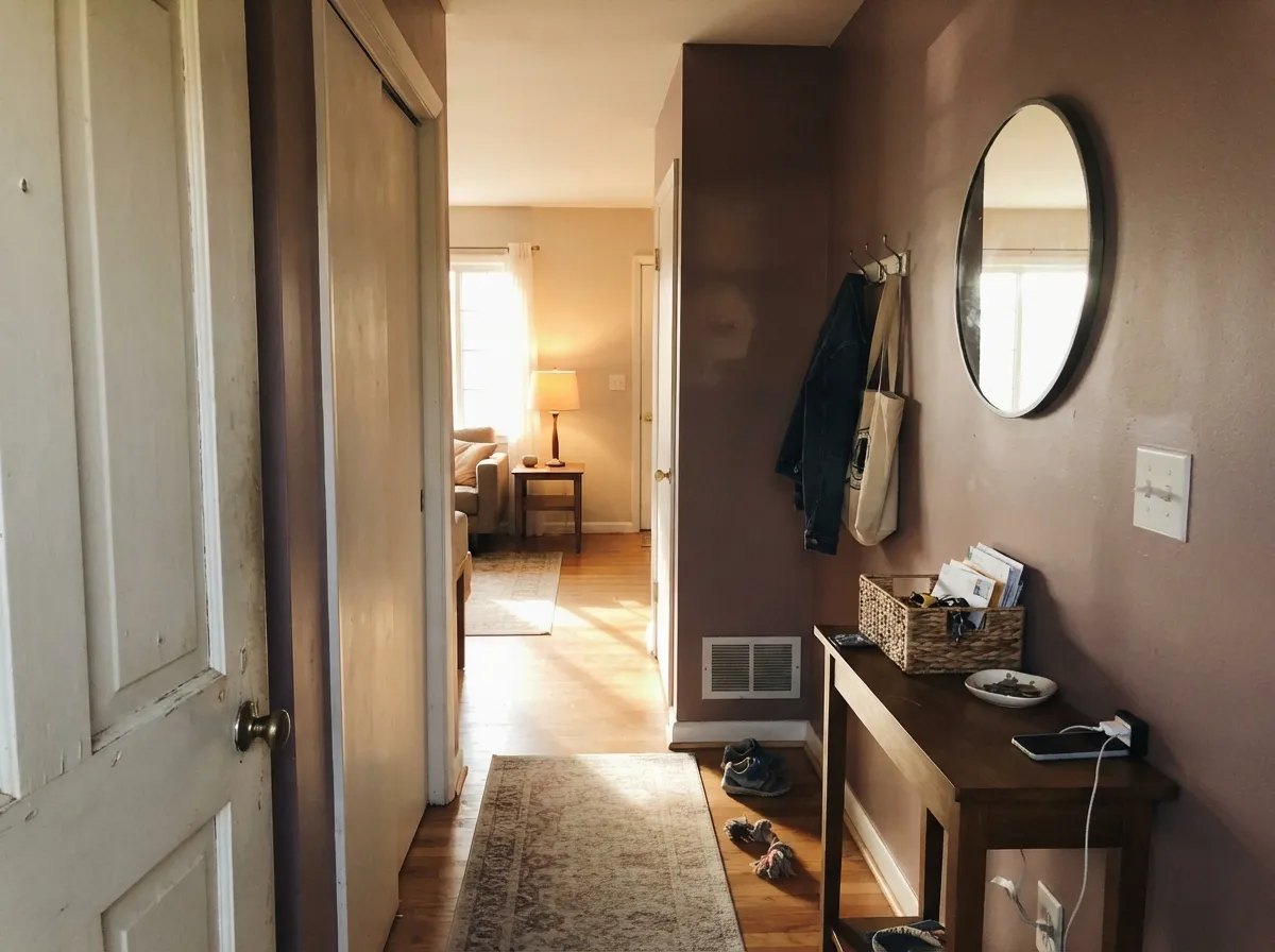 As the one warm anchor color in an entry or hallway, Cocoa Berry carries the transition space without shouting for attention.