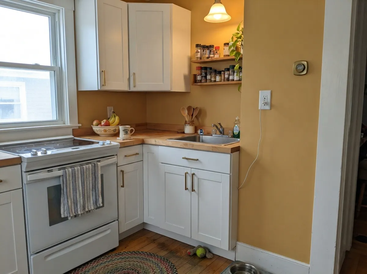 Against white cabinets, butcher block and brass, the gold turns collected and warm instead of loud.