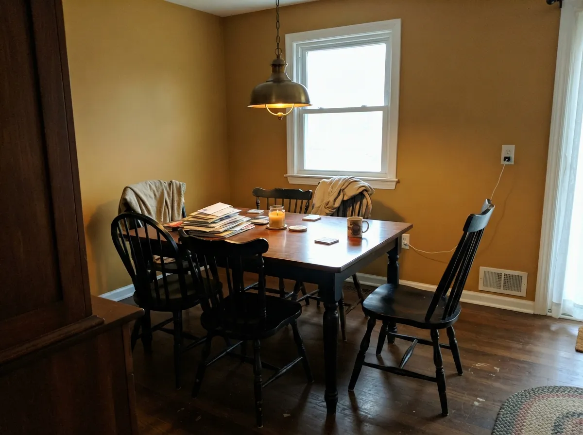 With dark wood and one black note, the color settles into a genuinely good dining-room gold — historic, not cartoonish.