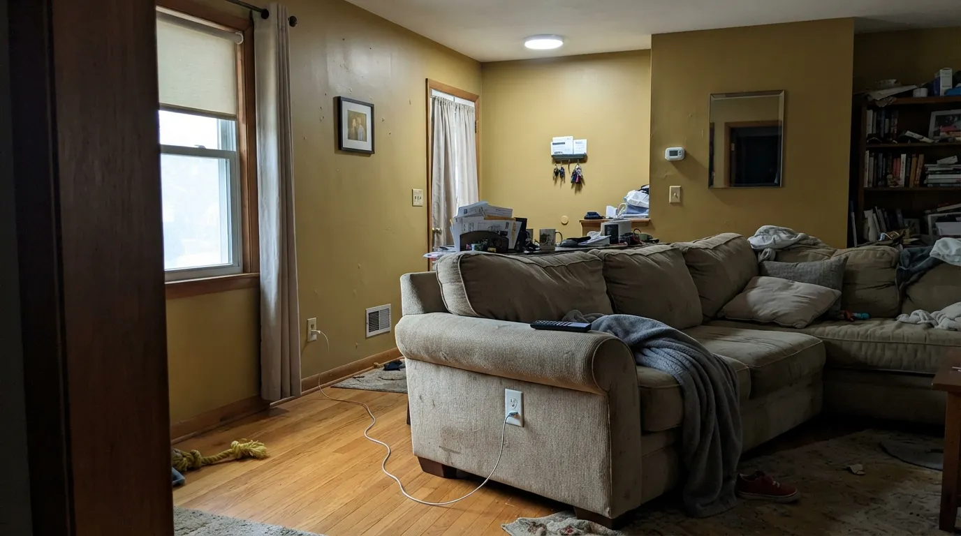 The honest shot: cool light and honey oak flooring drain the gold out and leave a flat, mustard-leaning yellow — sample this color in your actual room before committing.