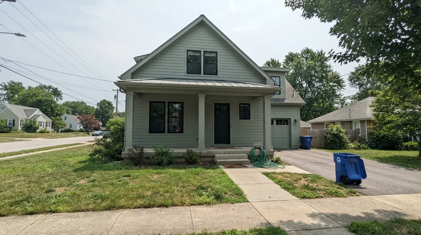Comfort Gray siding in the light it was built for — black windows, white trim, and the soft gray-green that built a thousand farmhouse renovations.