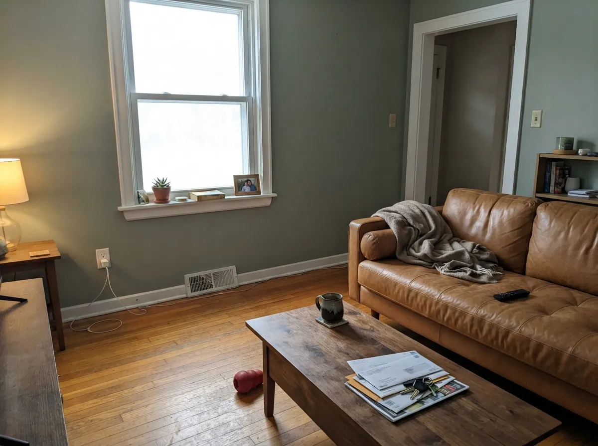 Indoors with real daylight the green-gray settles into something genuinely sophisticated against walnut and leather.