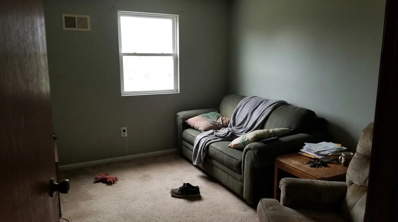 The honest shot: in a dim north room with no lamps, the green drains out and Comfort Gray goes flat and muddy — the exact letdown behind "it looked nothing like the swatch."