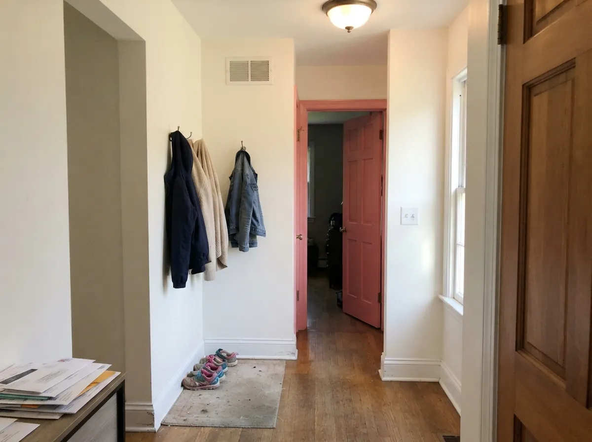 The adult dose: rose doors against soft white walls — the pairing Sherwin-Williams' own designers publish, and a quart of paint instead of a whole room.