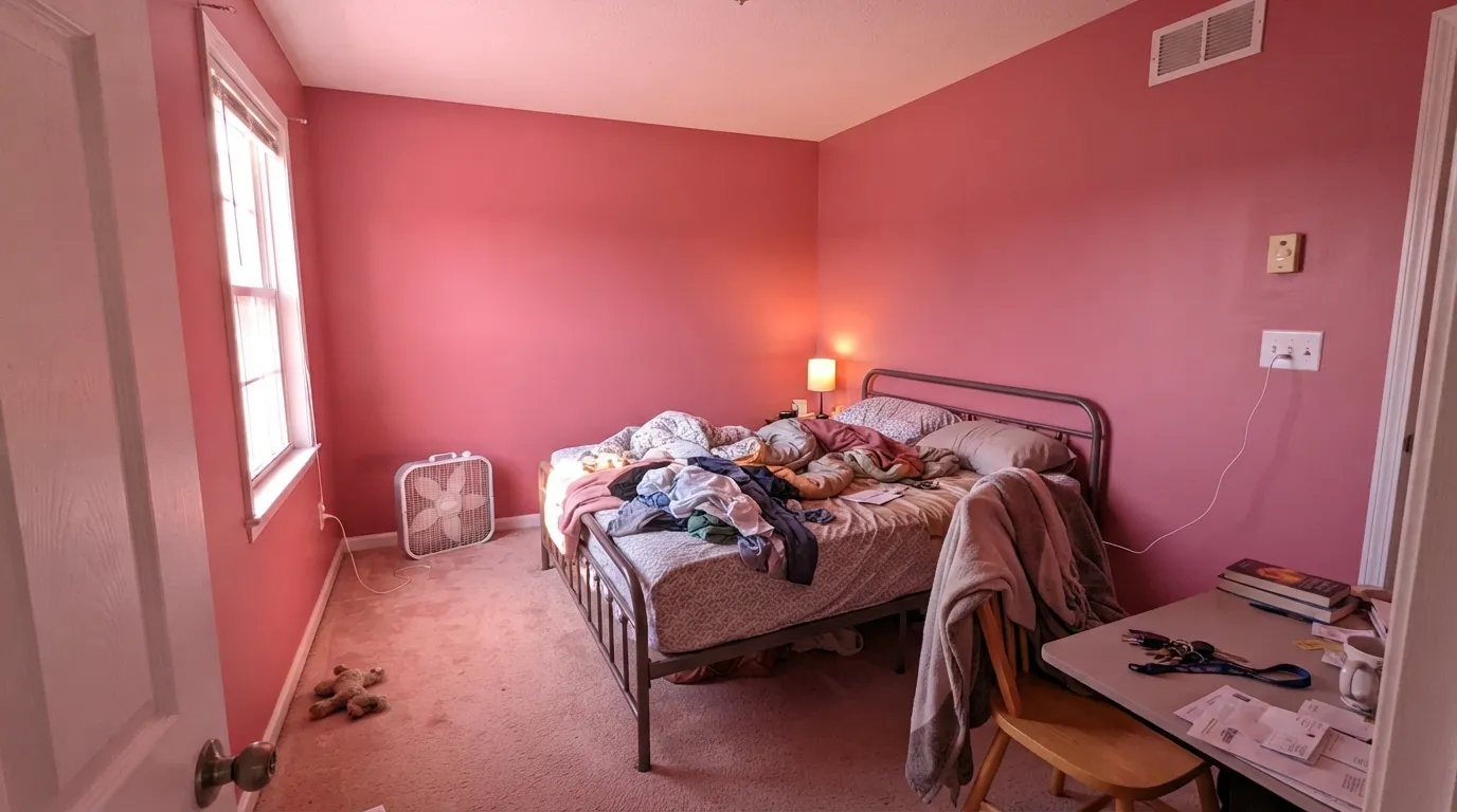 The honest shot: four walls of it throw a pink cast onto the ceiling, the trim and the carpet — people repaint the ceiling before they work out the walls were doing it.
