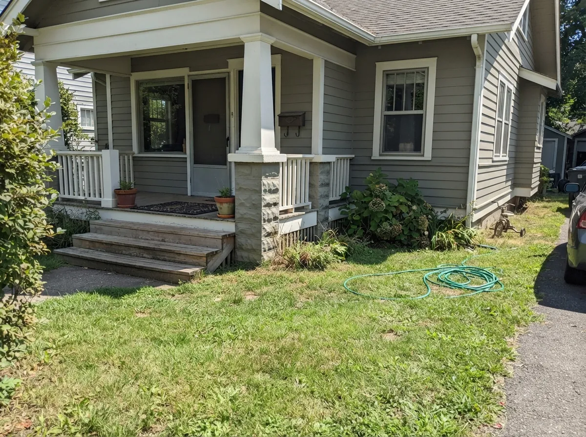 On craftsman siding with white trim it reads as an easy, earthy stone-gray from the street — not the green some buyers expect.