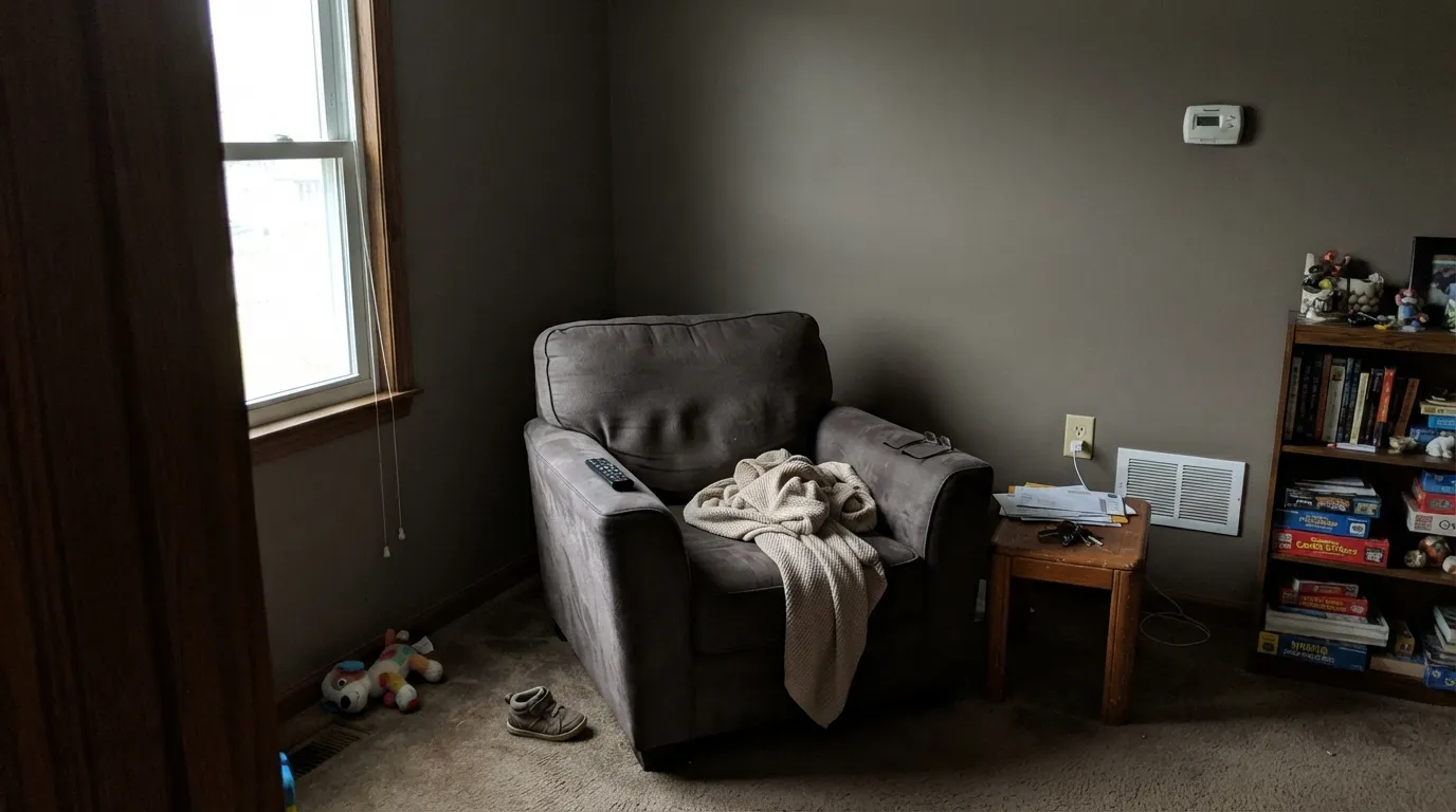The honest shot: cold north light with no lamps erases the last of the green — this is the flat gray the "I wanted sage, not gray" reviews are describing.