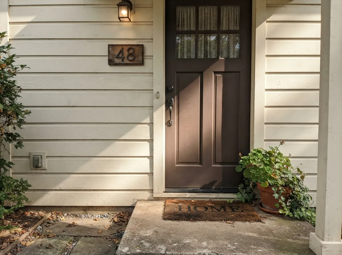 Against a warm-white body color the door reads as a confident near-black, not a flat cutout — its best exterior job.