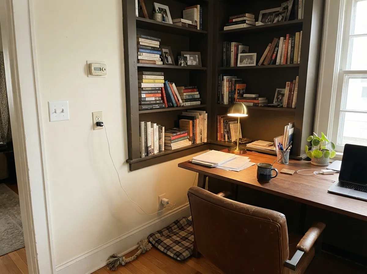 With walnut, brass, and a lamp nearby the near-black built-ins read rich and grounded, not heavy.