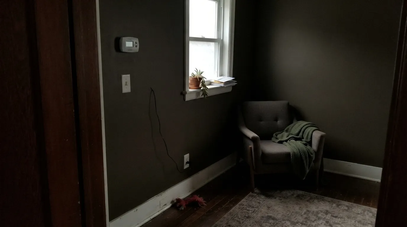 The honest shot: one small window, no lamps, overcast light — LRV 5 gives nothing back and the room just goes dark. This is the setup behind every "too small, too dark" review.
