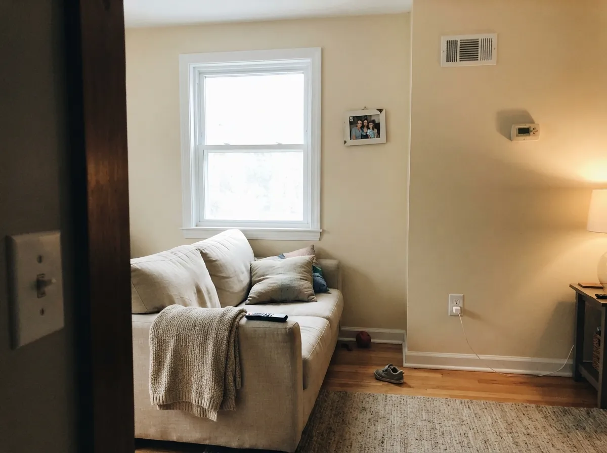 Creamy living room walls in soft north-facing daylight with white trim.