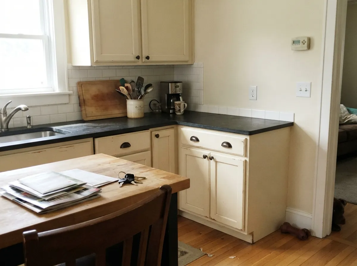 Creamy satin kitchen cabinets with soapstone counters and bronze hardware.