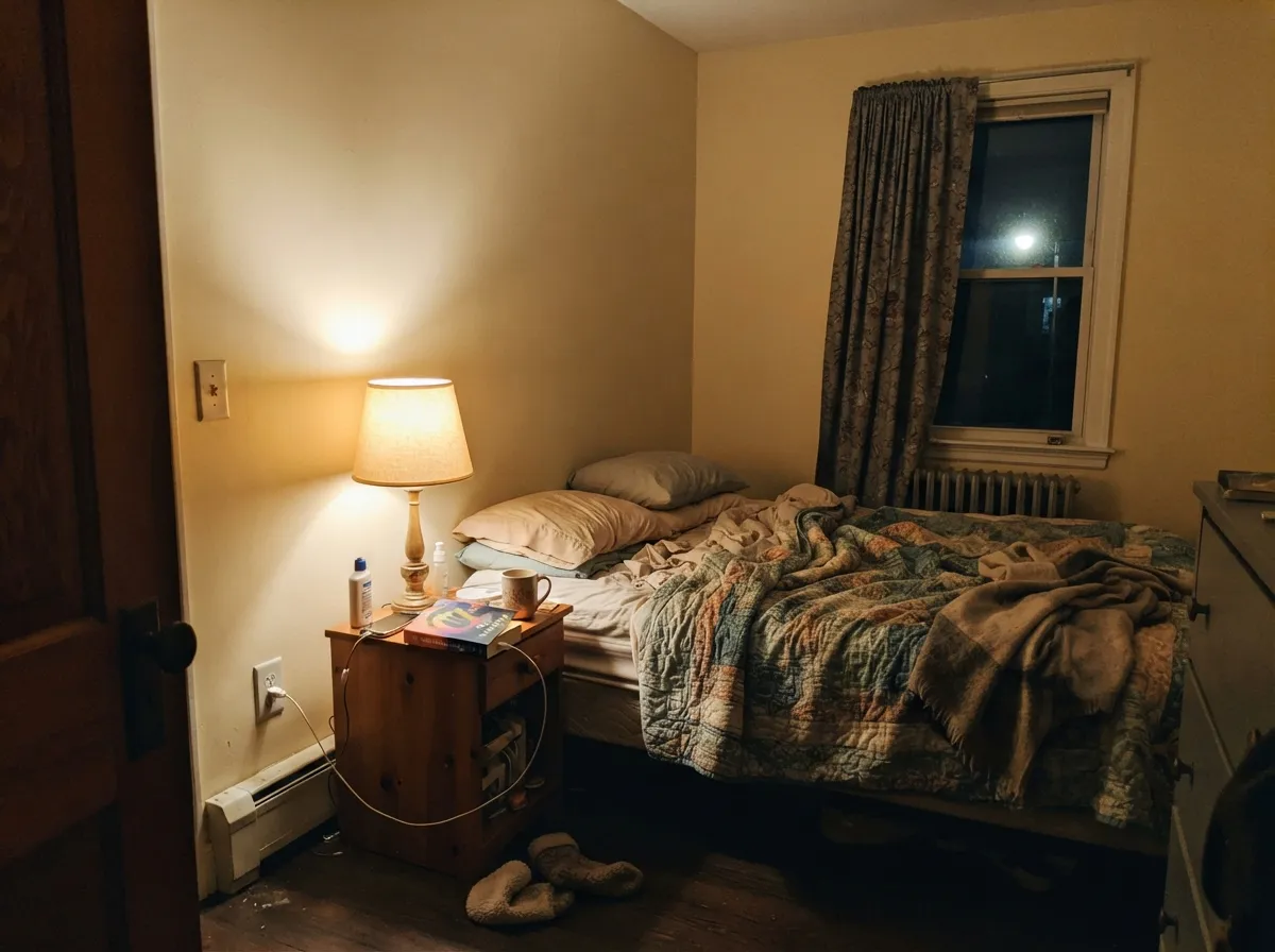 Creamy bedroom walls glowing warm under lamplight at night.