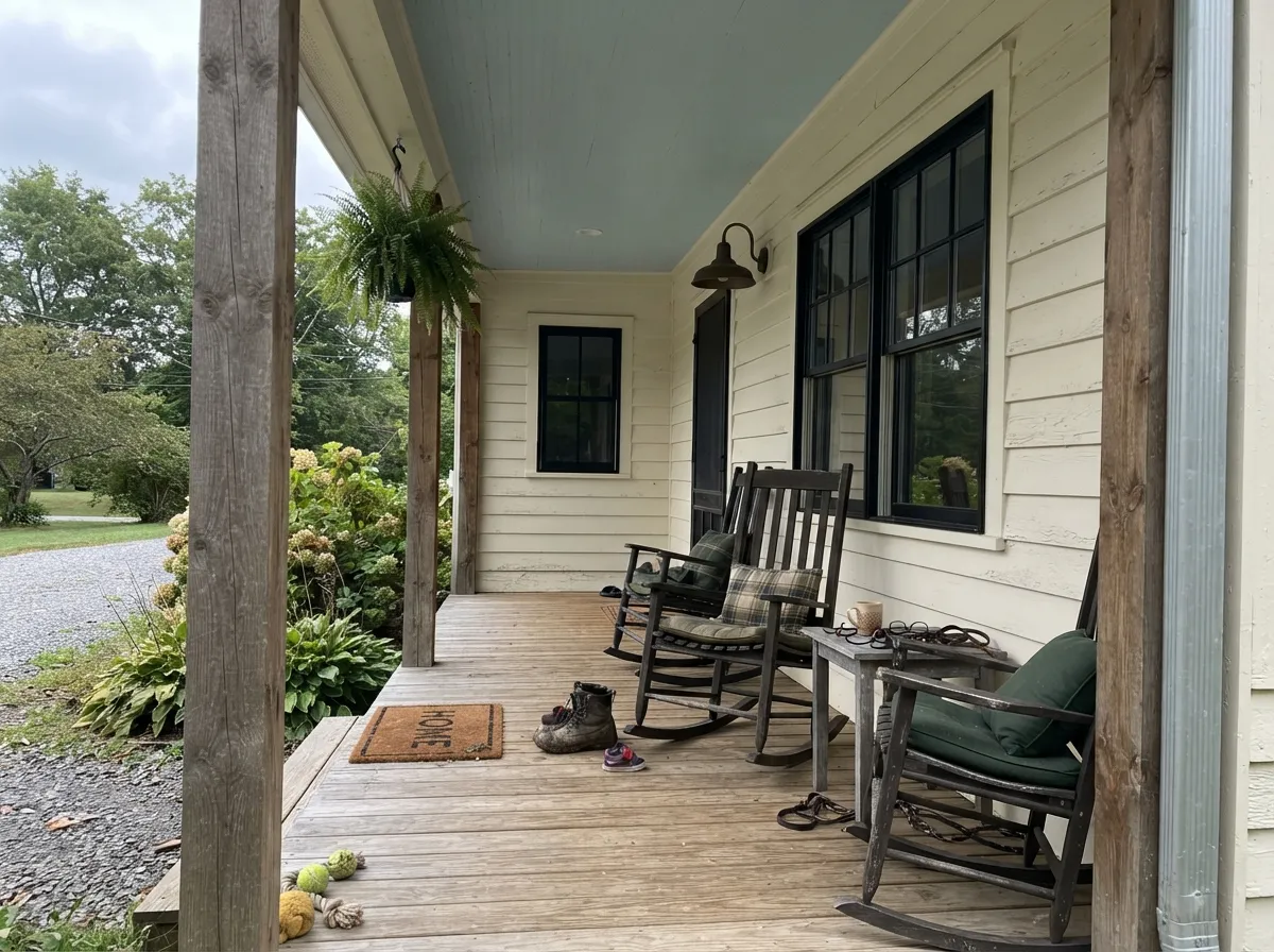 Creamy farmhouse exterior siding with black trim on the shaded side.