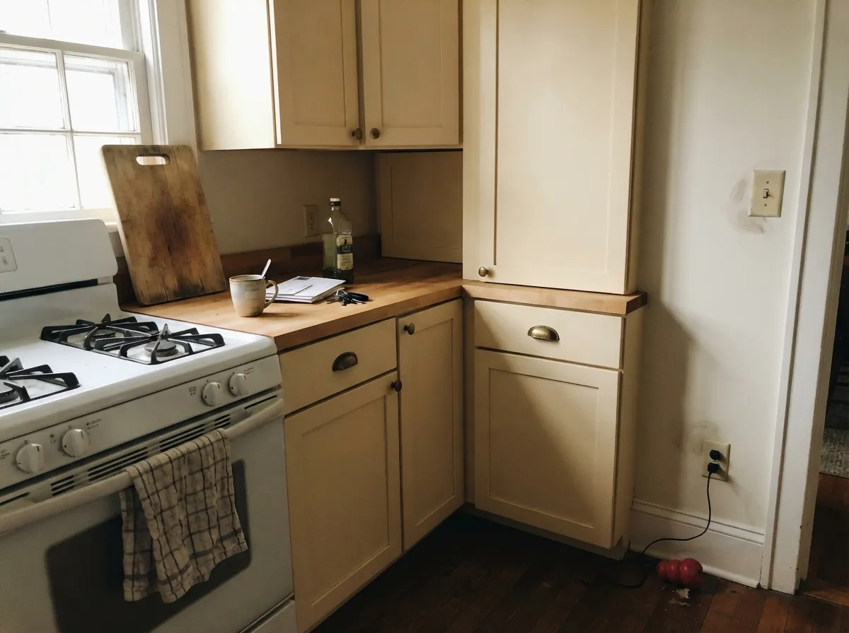 On cabinets with butcher block and brass the warmth reads deliberate — it is cool gray quartz, not the paint, that causes the regret stories.