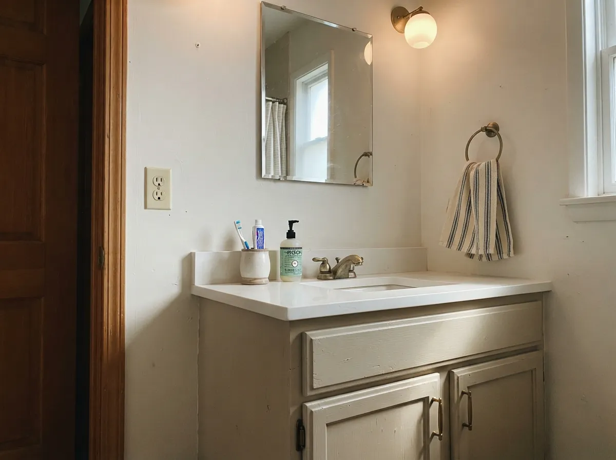 On a vanity it does the white-cabinet job without the clinical edge, and hides water marks far better.