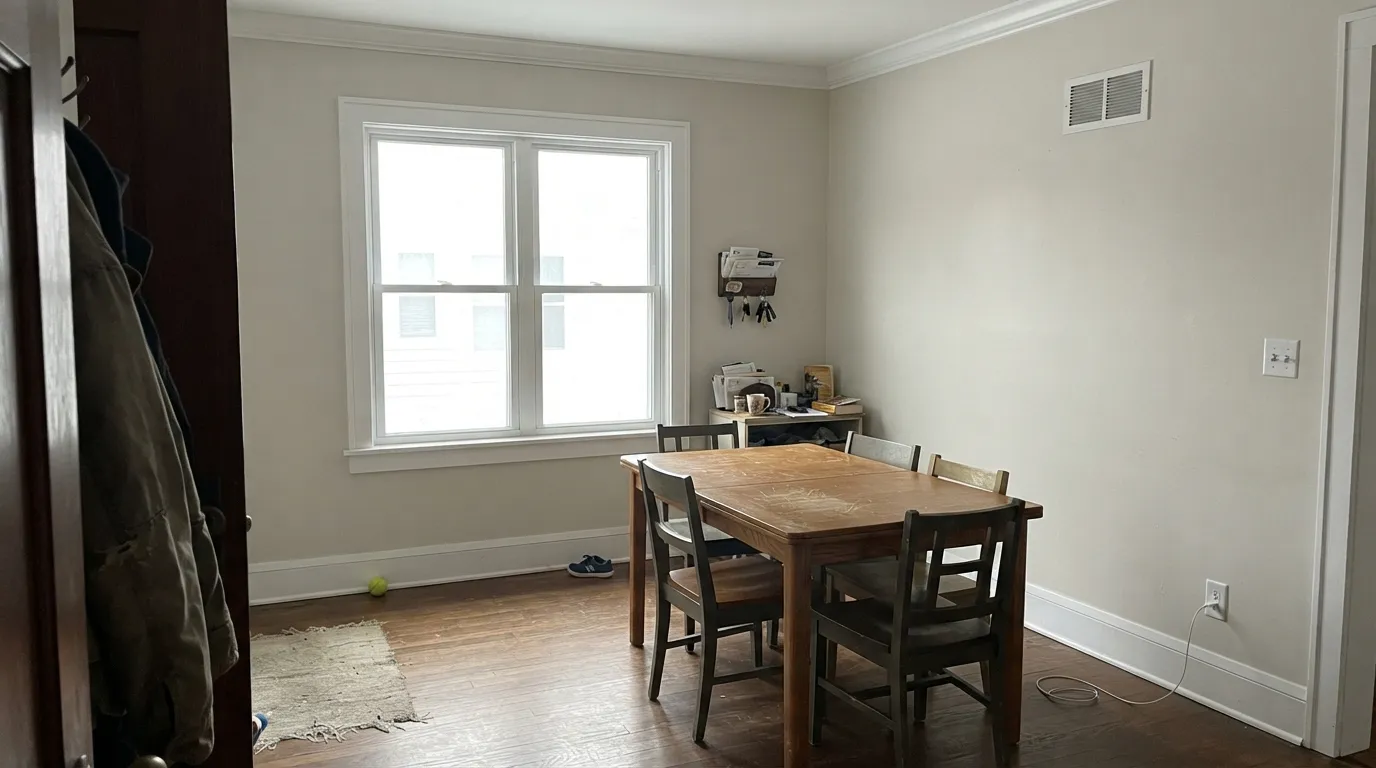 The honest shot: surrounded by bright white trim and ceiling, Crushed Ice stops reading as a color and starts looking like a wall that needs washing.